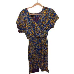 Vintage Silk Patterned Blue Front Tie Wrap Dress Retro Swing Women Midi